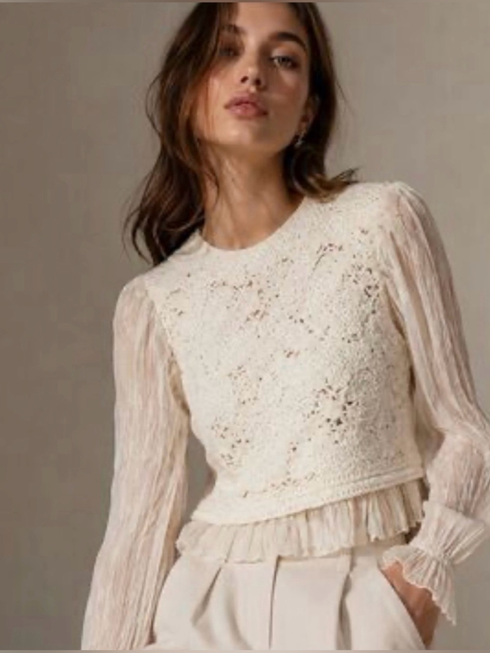 New ZARA Crochet Lace Long-Sleeve Peplum Hem Blouse